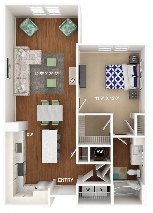 Floor plan for 1 bed, 1 bath, 800 sqft